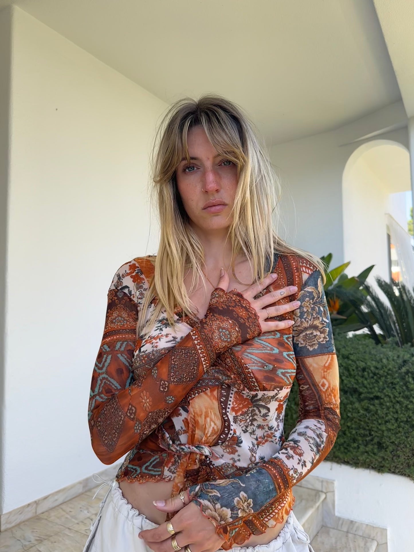 Asymmetric Mesh Print Blouse (S)